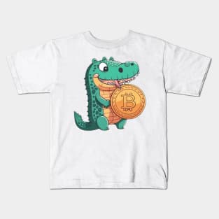 Cartoon Crocodile with a Bitcoin Coin Kids T-Shirt